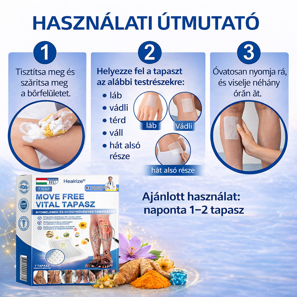 Healrize® MoveFree Vital tapasz ✨ – 🌿 Növényi & nyomelem alapú transzdermális tapasz 💪 Vérkeringés, ízületek, idegek & vércukorszint támogatására 🦵 Mindennapi kényelemért és mozgásszabadságért ✅
