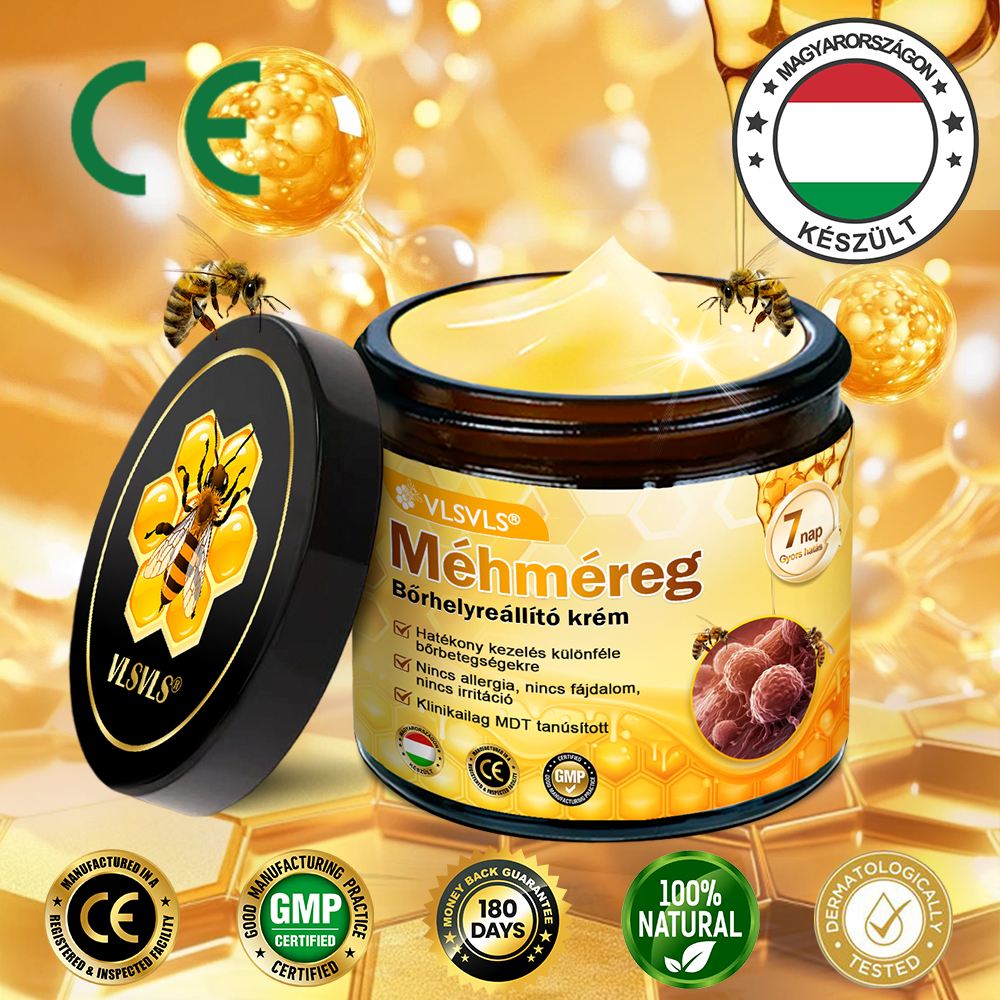 🔥🐝 VLSVLS® Méhméreg Bőrhelyreállító Krém | Teljeskörű Bőrregenerálás | Ekcéma, Pikkelysömör, Rosacea, Szemölcsök & Hegek Ellen | Gyors Hatás 5 Nap Alatt | 100% Természetes & Nem Invazív Megoldás 💯✨