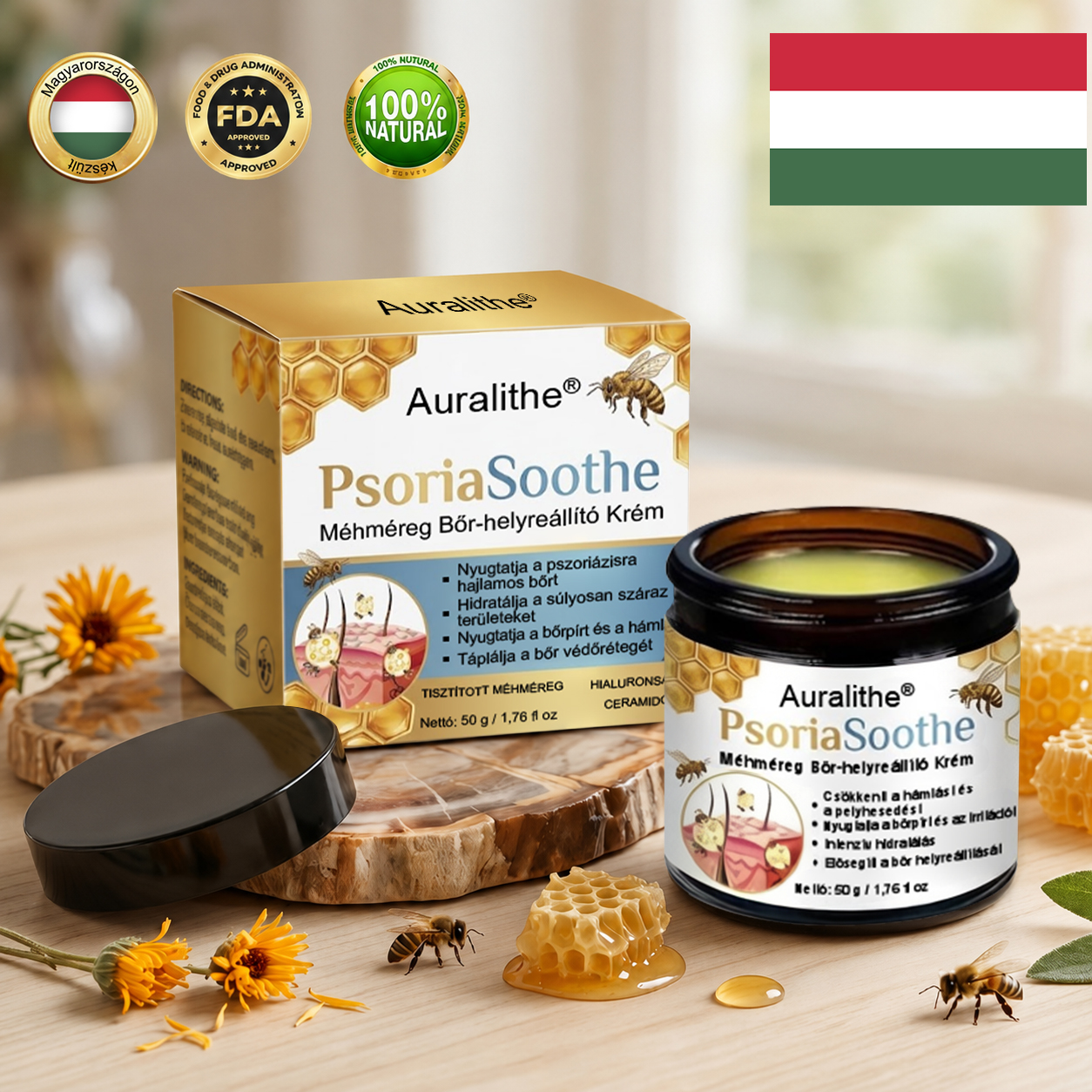 🐝 Auralithe® PsoriaSoothe – Szteroidmentes méhméreges krém viszkető, hámló és érzékeny bőrre 🍎