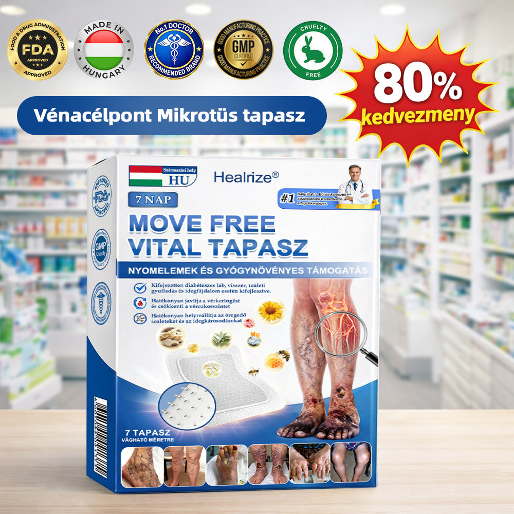 Healrize® MoveFree Vital tapasz ✨ – 🌿 Növényi & nyomelem alapú transzdermális tapasz 💪 Vérkeringés, ízületek, idegek & vércukorszint támogatására 🦵 Mindennapi kényelemért és mozgásszabadságért ✅