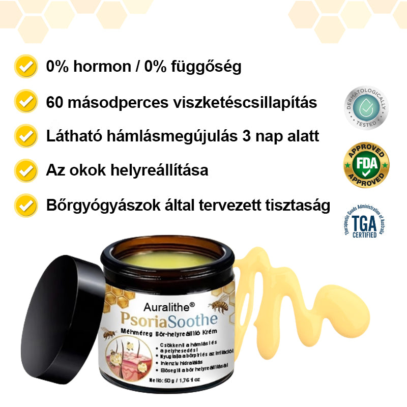 🐝 Auralithe® PsoriaSoothe – Szteroidmentes méhméreges krém viszkető, hámló és érzékeny bőrre 🍎