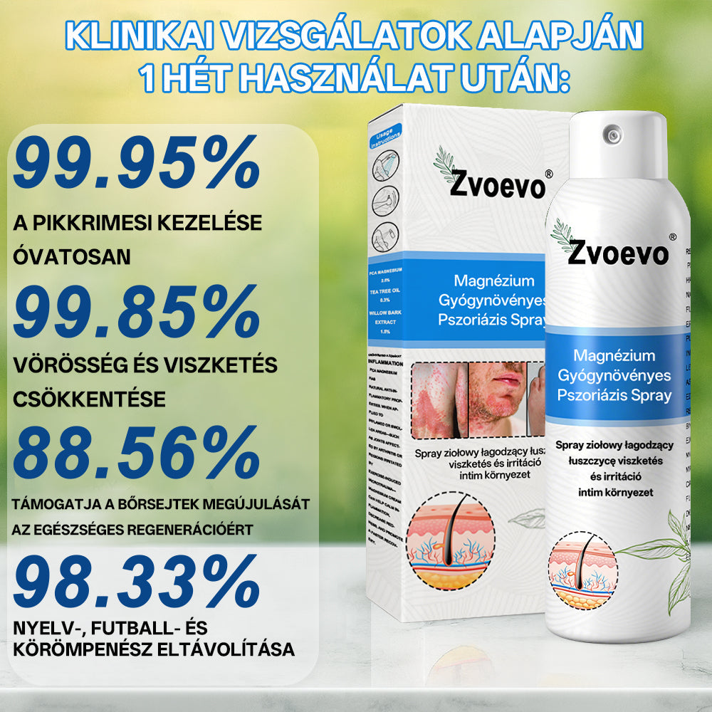Zvevo® Magnézium Gyógynövényes Pikkelysömör Spray – Természetes bőrregeneráló megoldás viszketés, bőrpír és ekcéma ellen | 💧 Gyors felszívódás | 🚫 Szteroidmentes formula | ✨ Érzékeny és intim bőrre is